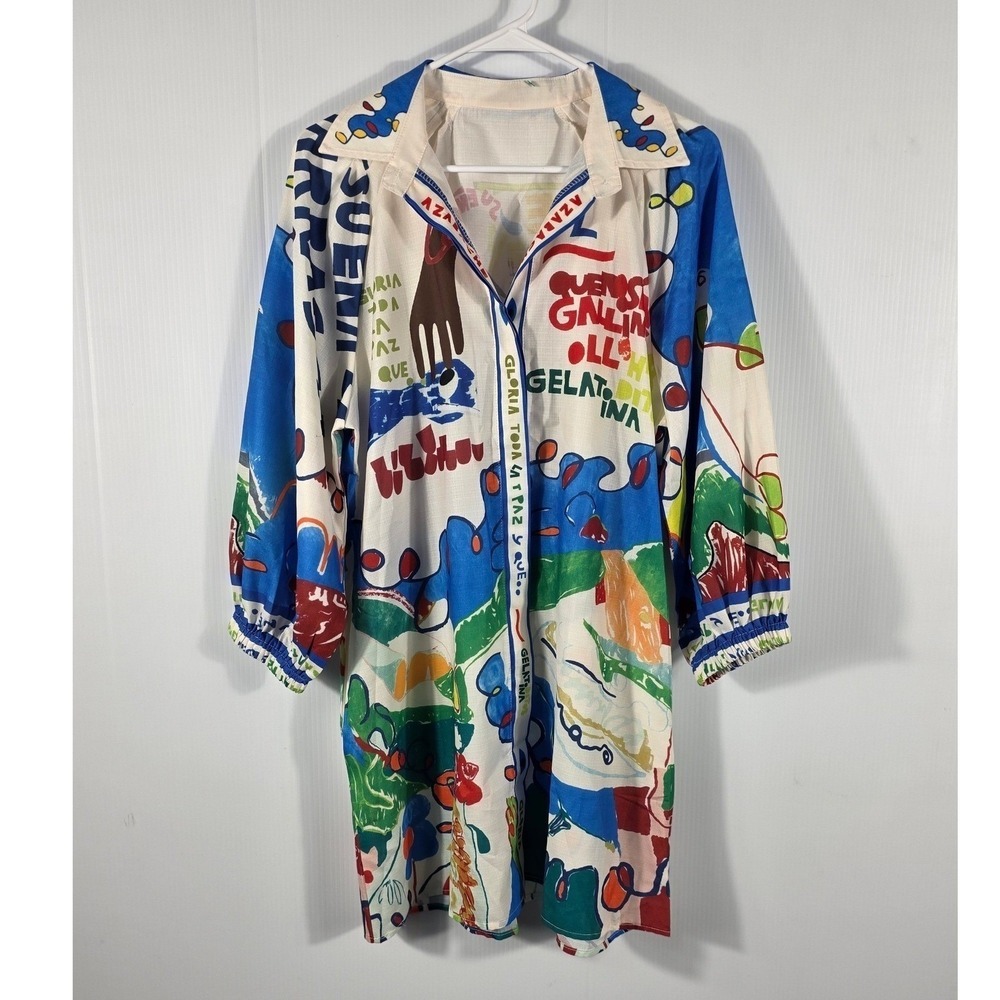 Vintage Style Abstract Graphic Print Button Front Tunic Mini Dress Multicolor - Picture 3 of 13